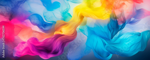 A multicolored background contrasts sharply against a black backdrop, creating a vibrant and visually striking display of colors. Smoke and vapor particles. Banner. Copy space