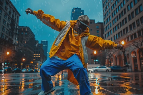 A man in yellow jacket dances in rain on city street