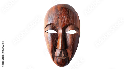 Intriguing wooden mask against stark white backdrop