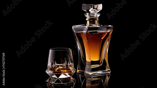 Luxury transparent bottle and Glass of scotch whiskey isolated black background. AI generated image © prastiwi