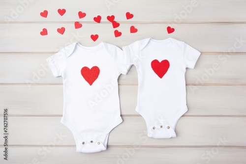 Baby Bodysuit with Glittering Red Heart Appliqu?s. White baby bodysuit featuring a cascade of glittering red heart appliqu?s on a soft wooden surface. photo