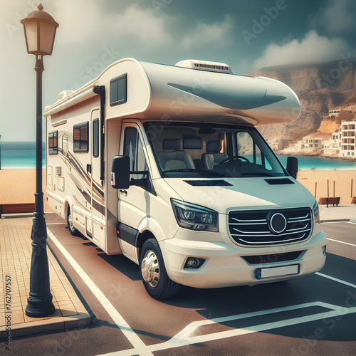 motorhome from bus in parking lot on blurred beach background