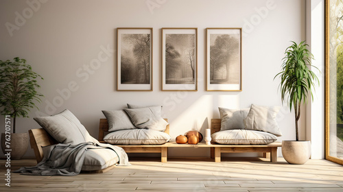 A living room with a white wall and three framed pictures. The room has a modern and minimalist design with a large window that lets in natural light. There are two couches and a bench photo