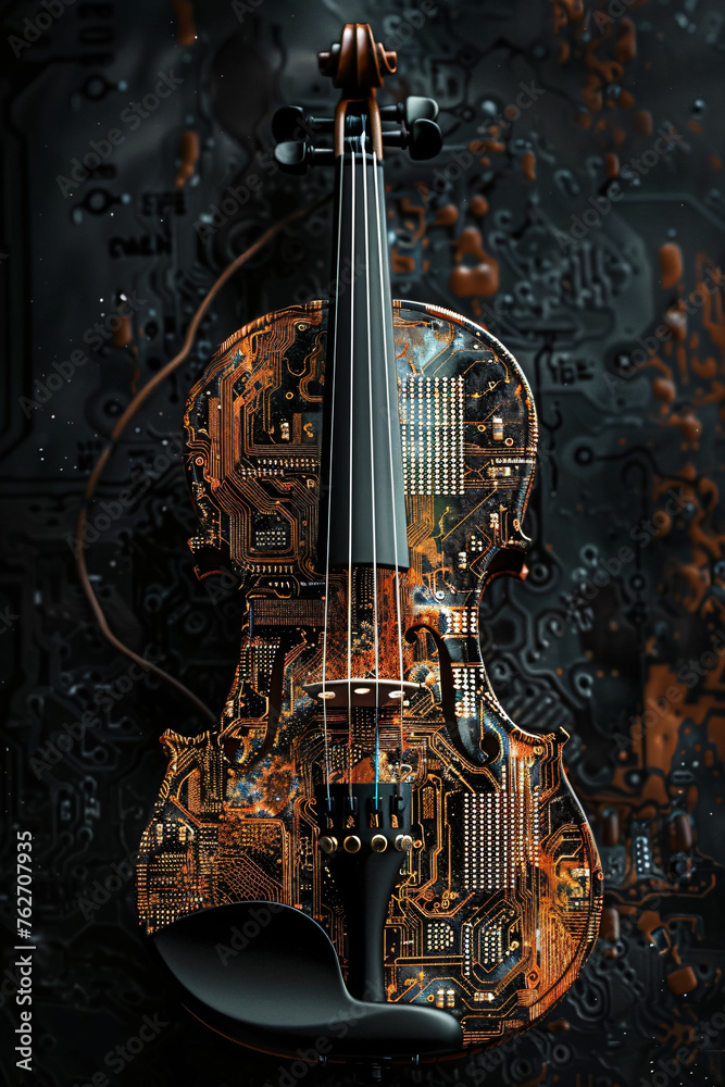 Naklejka premium violin with circuit board structure on a black background 