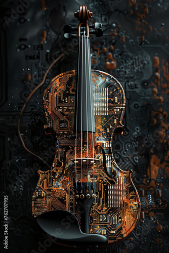 violin with circuit board structure on a black background 