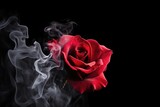 A vibrant red rose enveloped in delicate wisps of smoke against a black background. Ethereal Rose Amidst Swirls of Smoke