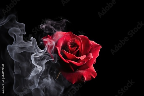 A vibrant red rose enveloped in delicate wisps of smoke against a black background. Ethereal Rose Amidst Swirls of Smoke