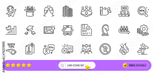 No parking, Online auction and New products line icons for web app. Pack of Medical staff, Money, Marketing strategy pictogram icons. Paper plane, Reject access, Blood donation signs. Vector