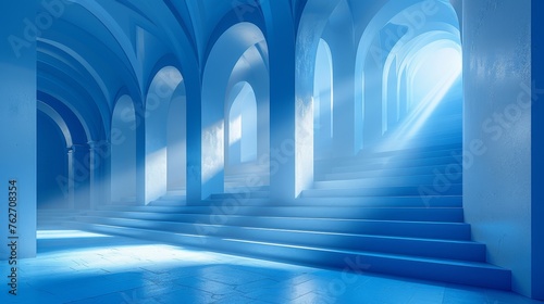  A set of stairs ascends to a blue chamber, flanked by arches and bathed in sunlight filtering via windowpanes