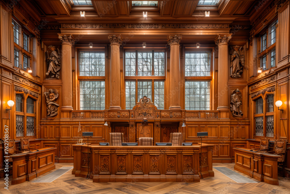 Empty American Style Courtroom. Supreme Court of Law and Justice Trial Stand. Courthouse Before Civil Case Hearing Starts. Grand Wooden Interior with Judge's Bench, Defendant's and Plaintiff's Tables. Empty American Style Courtroom. Supreme Court of Law and Justice Trial Stand. Courthouse Before Civil Case Hearing Starts. Grand Wooden Interior with Judge's Bench, Defendant's and Plaintiff's Tables.