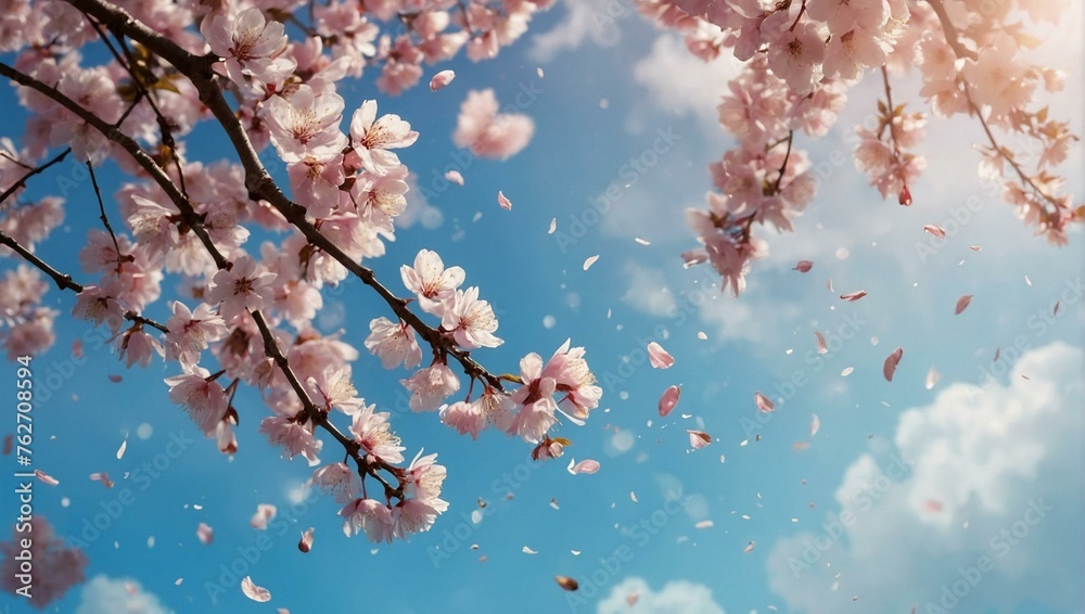 Pink cherry blossoms in bloom against a bright blue sky with petals gently falling