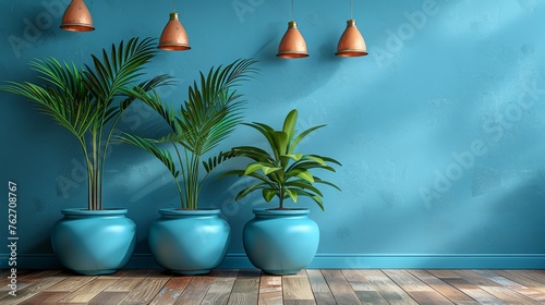  Three potted plants on wooden floor, room with blue wall, three hanging lights on the wall