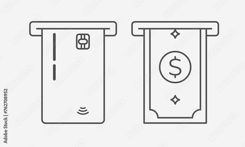 Credit Card and banknote line icon.Bank card for online payments and cash withdrawal symbol.Atm card pictogram.Debit payment sign. Vector graphics illustration EPS 10. Editable stroke Credit Card and banknote line icon.Bank card for online payments and cash withdrawal symbol.Atm card pictogram.Debit payment sign. Vector graphics illustration EPS 10. Editable stroke