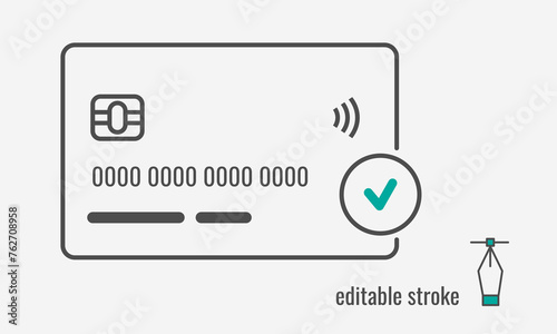 Credit Card accepted line icon.Online payments and Cashless,No cash symbol.Atm card pictogram.confirm or approved credit card payment sign. Vector graphics illustration EPS 10. Editable stroke