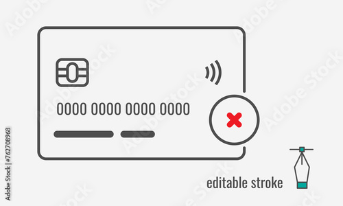 Credit Card not accepted line icon.CASH ONLY sign.no credit card allowed symbol.Red prohibition pictogram.Not approved credit card payment sign. Vector graphics illustration EPS 10. Editable stroke