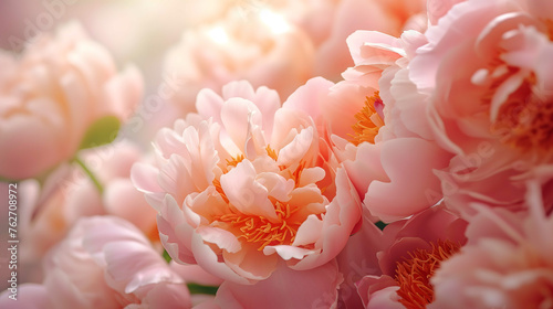 Capture the intricate beauty of peonies in the enchanting Peach Fuzz, the color of the year 2024, through a close-up macro lens.