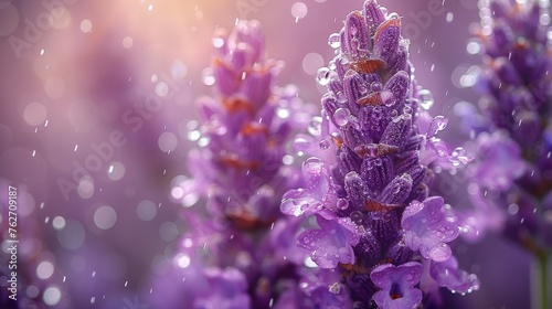  A macro shot of several purplish blossoms with water droplets on their petals against a fuzzy backdrop