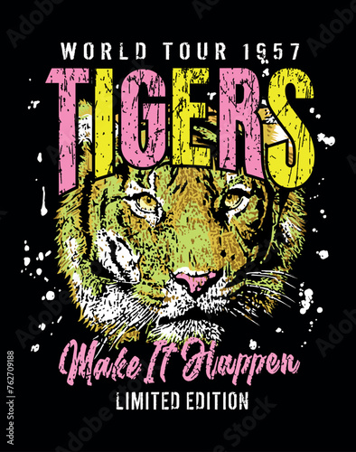 Vector illustration of composition with tiger face in composition with lettering. Art in graphic style.