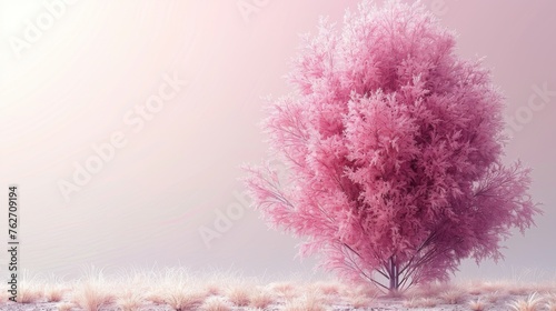  Pink tree in a field, grass in foreground, pink sky in background