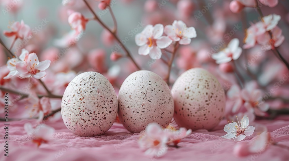  Three eggs, speckled and sitting together, rest on pink tablecloth Pink flowers and branches surround the scene in the background