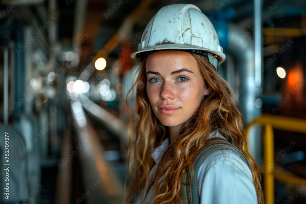 Caucasian engineer Woman worker at Metal lathe industrial manufacturing factory. portrait of cheerful young woman wearing white hardhat helmet happily looking at camera. Caucasian engineer Woman worker at Metal lathe industrial manufacturing factory. portrait of cheerful young woman wearing white hardhat helmet happily looking at camera.