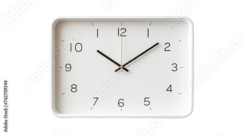 A minimalist white square clock with black hands ticking against a white backdrop