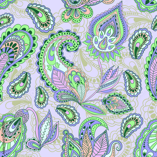 Hand draw seamless pattern with arabic, oriental, indian motiv. Traditional ornament, paisley