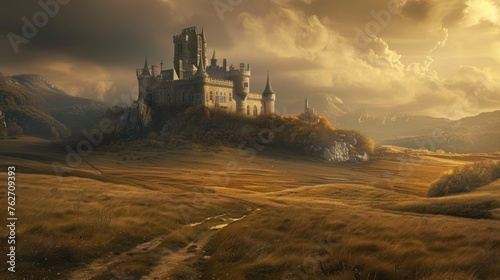 Fantasy illustration castle with field pop up style landscape. AI generated image