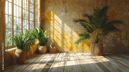  Three potted plants occupy a wooden floor in front of a window, bathed in sunlight streaming through the window panes photo