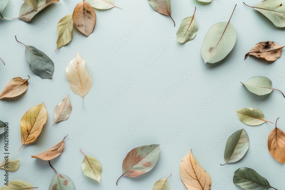 Autumn composition. Frame made of autumn leaves on blue background. Flat lay, top view, copy space Autumn composition. Frame made of autumn leaves on blue background. Flat lay, top view, copy space