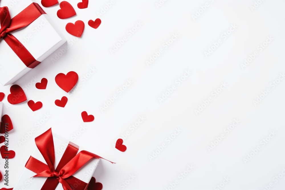 Pristine white gift boxes with red satin ribbons surrounded by an array of red paper hearts on a white background, creating a romantic Valentine's Day setting. Pristine white gift boxes with red satin ribbons surrounded by an array of red paper hearts on a white background, creating a romantic Valentine's Day setting.