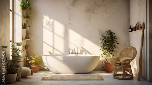 A bathroom with a white bathtub and a wicker chair. The room is filled with plants and has a natural  calming atmosphere