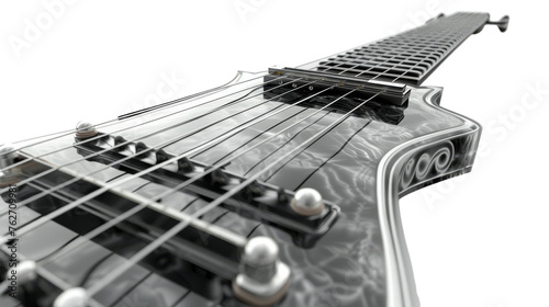 Close-up view of an electric guitar neck with intricate frets and strings, showcasing musical craftsmanship
