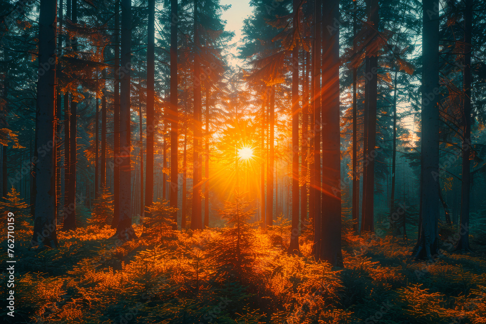 Silent Forest in spring with beautiful bright sun rays. wanderlust