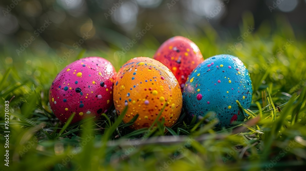  A field of colorful Easter eggs sits on lush grass, with sprinkles