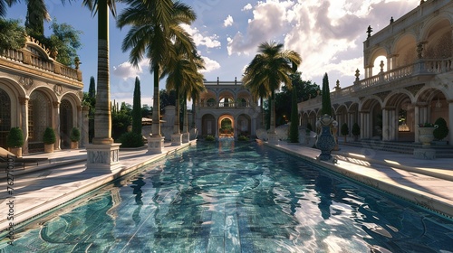 A palatial outdoor pool surrounded by marble terraces