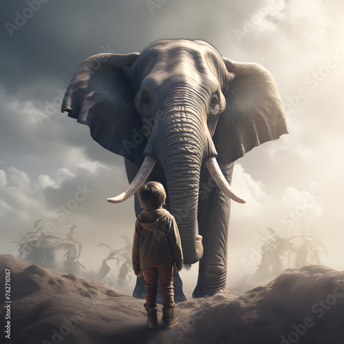 Kid standing in front of a massive elephant  kid standing in front of elephant