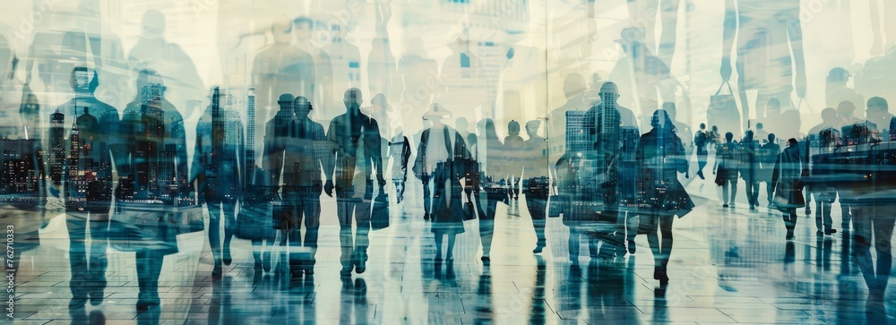 A large group of people walking in the shopping mall double exposure photography Generative AI