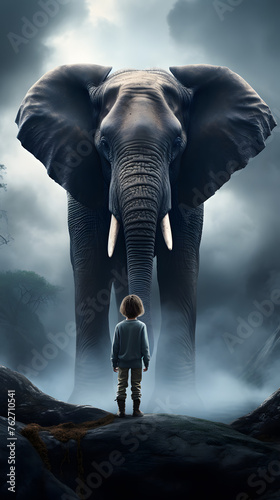 Kid standing in front of a massive elephant, kid standing in front of elephant