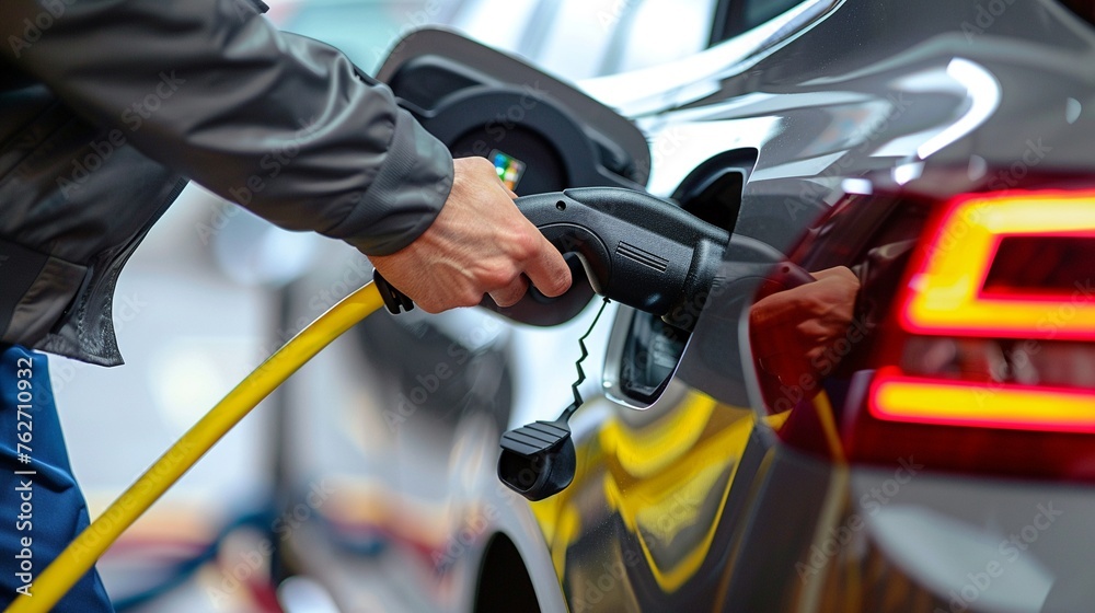 Hands plugging in an electric car at a charging station, showcasing the simplicity of ecofriendly transportation Hands plugging in an electric car at a charging station, showcasing the simplicity of ecofriendly transportation