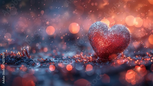  Close-up photo of heart-shaped object on surface amidst blurry lights and snowflakes on the ground