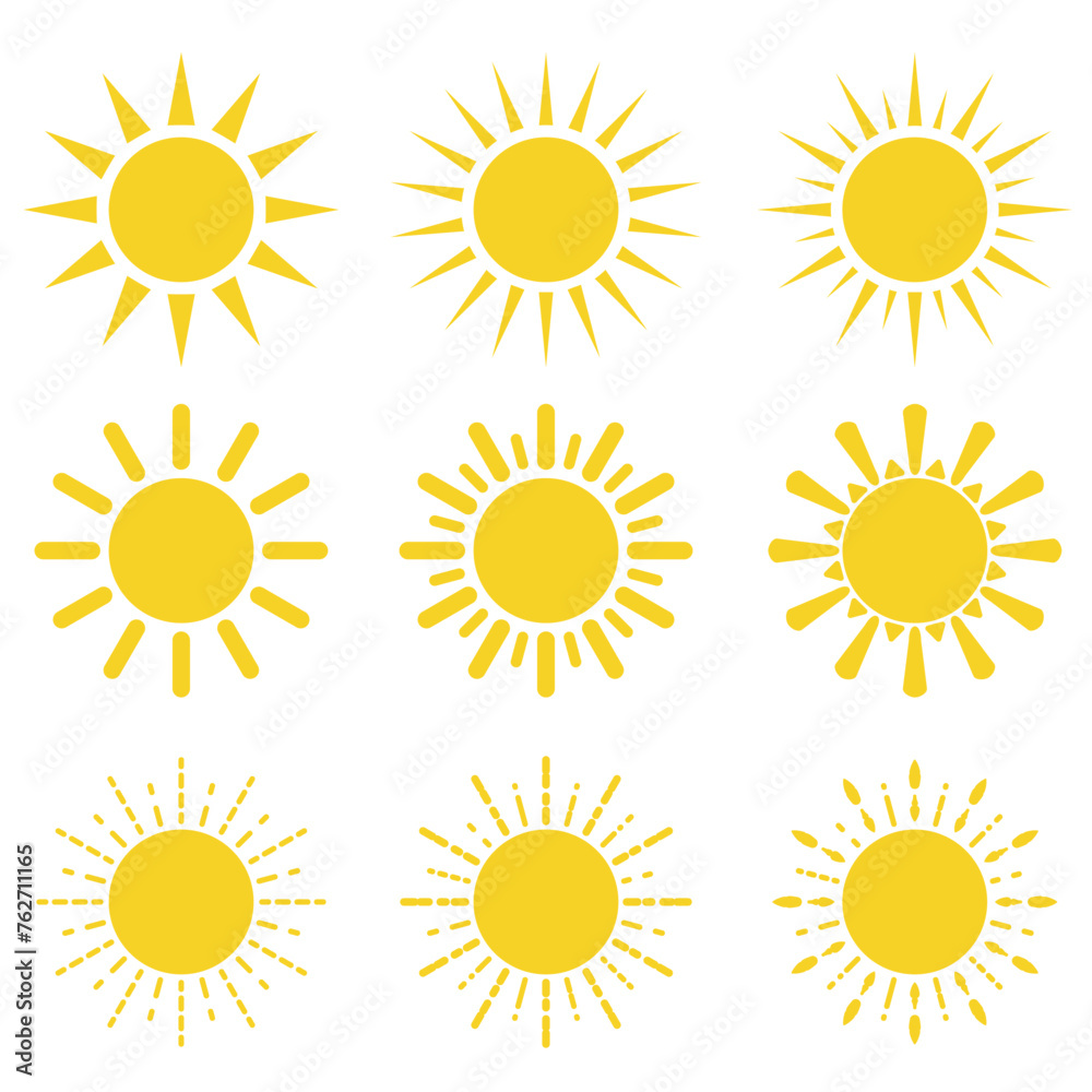 A set of vector symbols of the sun icon. Vector illustration isolated on a white background. The weather logo.