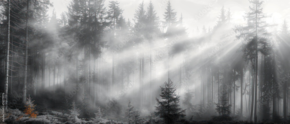 A forest with foggy mist and trees with sunlight shining through