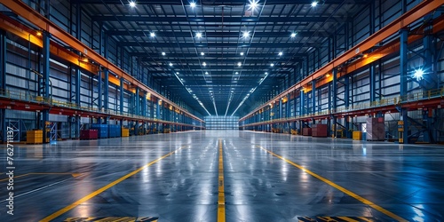 Efficiently managed warehouse with optimized space for effective supply chain management. Concept Warehouse Organization, Inventory Management, Supply Chain Optimization, Space Utilization photo