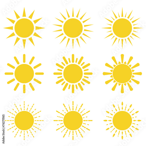 A set of vector symbols of the sun icon. Vector illustration isolated on a white background. The weather logo.