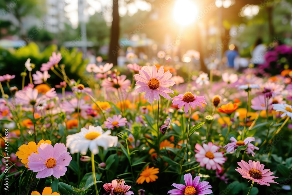 Obraz premium Vivid flowers in park, sun peeks through trees, perfect for nature photograph