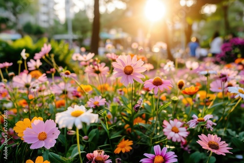 Vivid flowers in park, sun peeks through trees, perfect for nature photograph © Виктория Попова