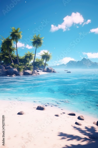 Rocky beach with palm trees against a backdrop of blue sky and water
