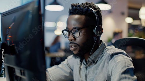 Serious african-american man in headphones working on computer in office