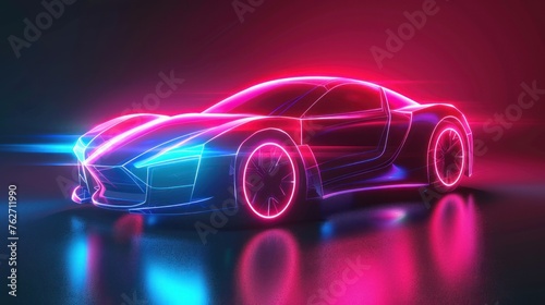 Modern futuristic digital sports car with vibrant neon color background. AI generated image